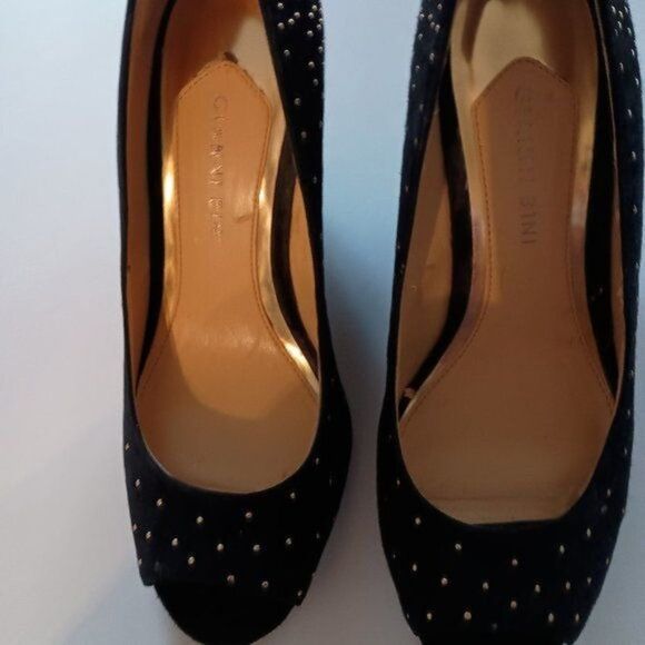 GIANNI BINI, Woman Black Peep Toe with Gold Jeweled Wedges Evening Shoes, Size 7 - Picture 1 of 7
